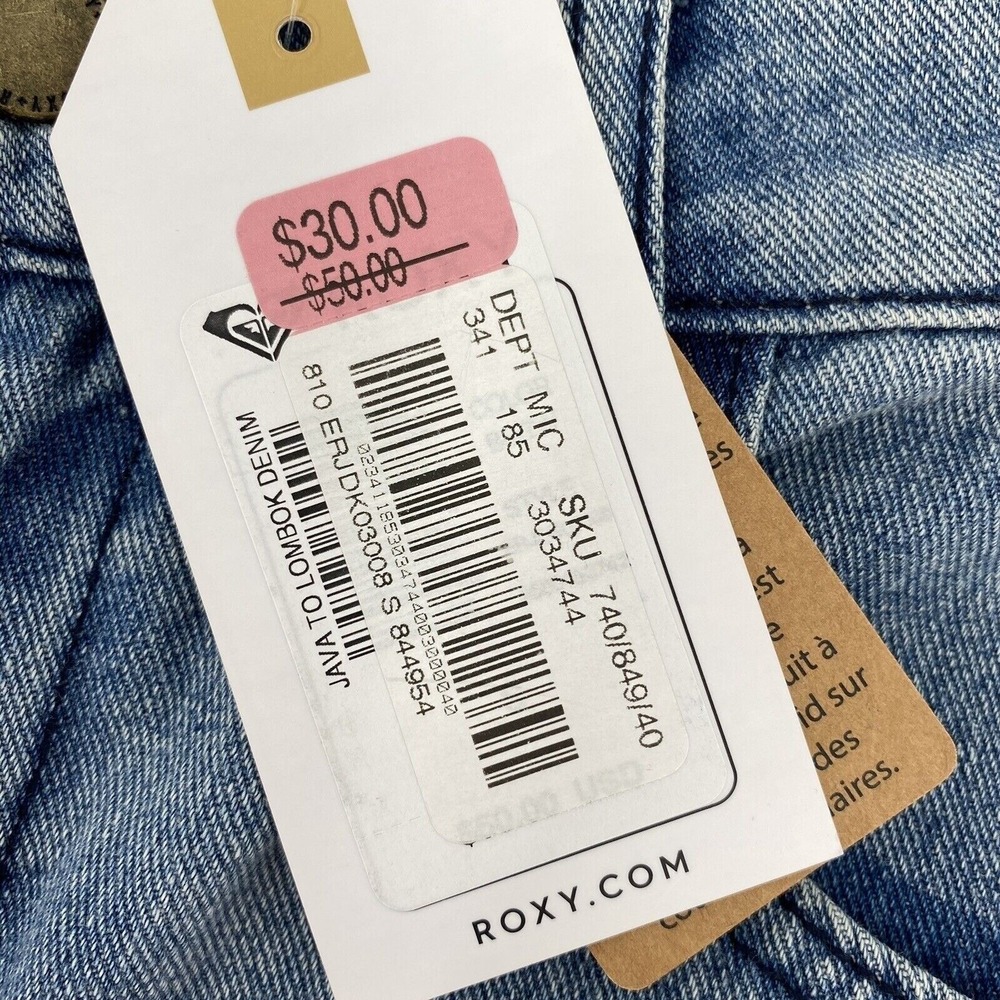 Roxy Java to Lombok Womens Size Small Denim Mini Skirt Blue Raw Hem Logo NEW - Picture 6 of 8